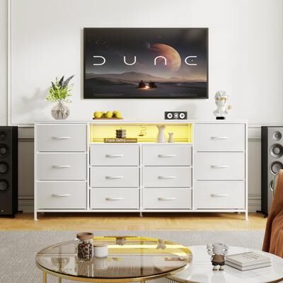 Garvee Dresser TV Stand for TV, Fabric Chest with Charging Station LED Lights Open Shelves Modern Entertainment Center