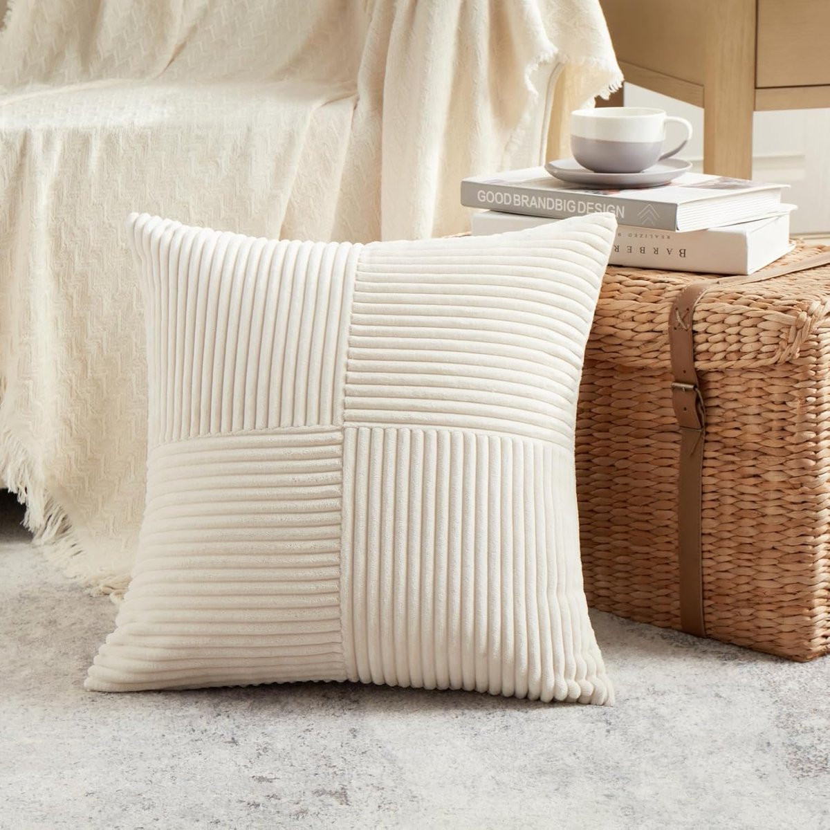 SnelShoppen Boho Kussenhoes - Crème Licht Beige Corduroy - 55 x 55 cm