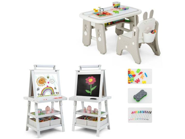 3-in-1 Kindertafel Stoel en Dubbelzijdig Tekenbord Leertafel en Stoel met Whiteboard Krijtbord en Papierrol