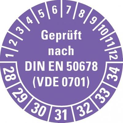 Dreifke® Prüfplakette Gepr.n.DIN EN 50678(VDE 0701) 28-34, violett, Dokumentenfolie, Ø30mm, 500 Stk.