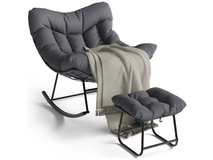 Fauteuil basculant oversize avec pouf coussin épais cadre métal détente piscine jardin arrière-cour gris