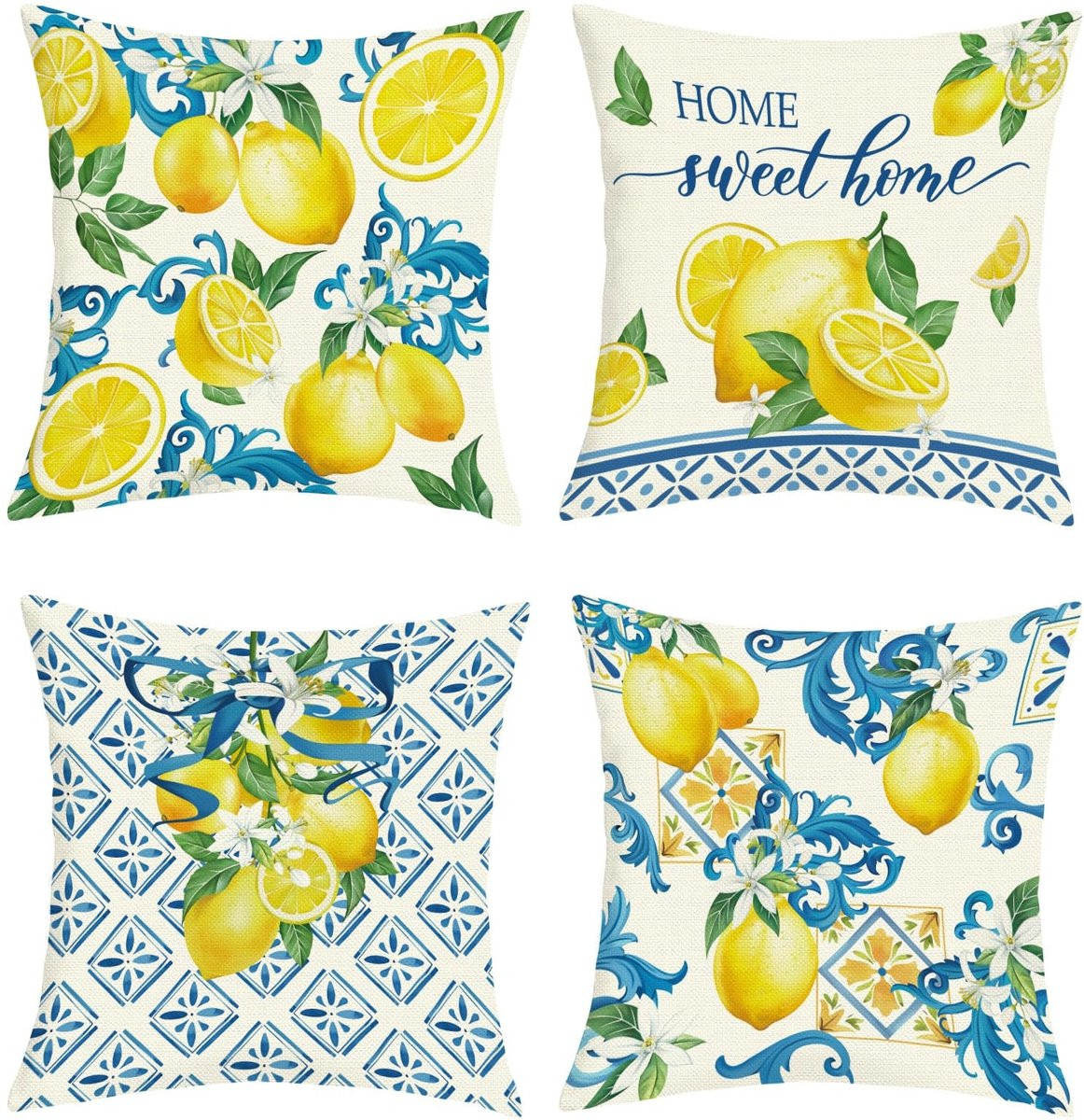 Set van 4 decoratieve kussenhoezen met gele citroenprint