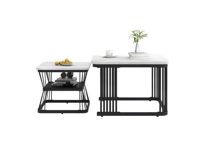 Odikalo Couchtisch 2 Set Kaffeetisch Beistelltisch Marmoroptik matt Stahlrohre schwarz