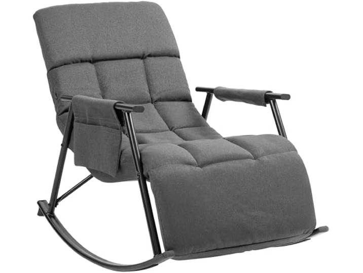 CLP Schaukelstuhl Cathy I Gepolsterter Relaxsessel I Schaukelsessel mit Rückenlehne I Metallgestell mit Armlehnen und Seitentasche Farbe dunkelgrau Material Stoff