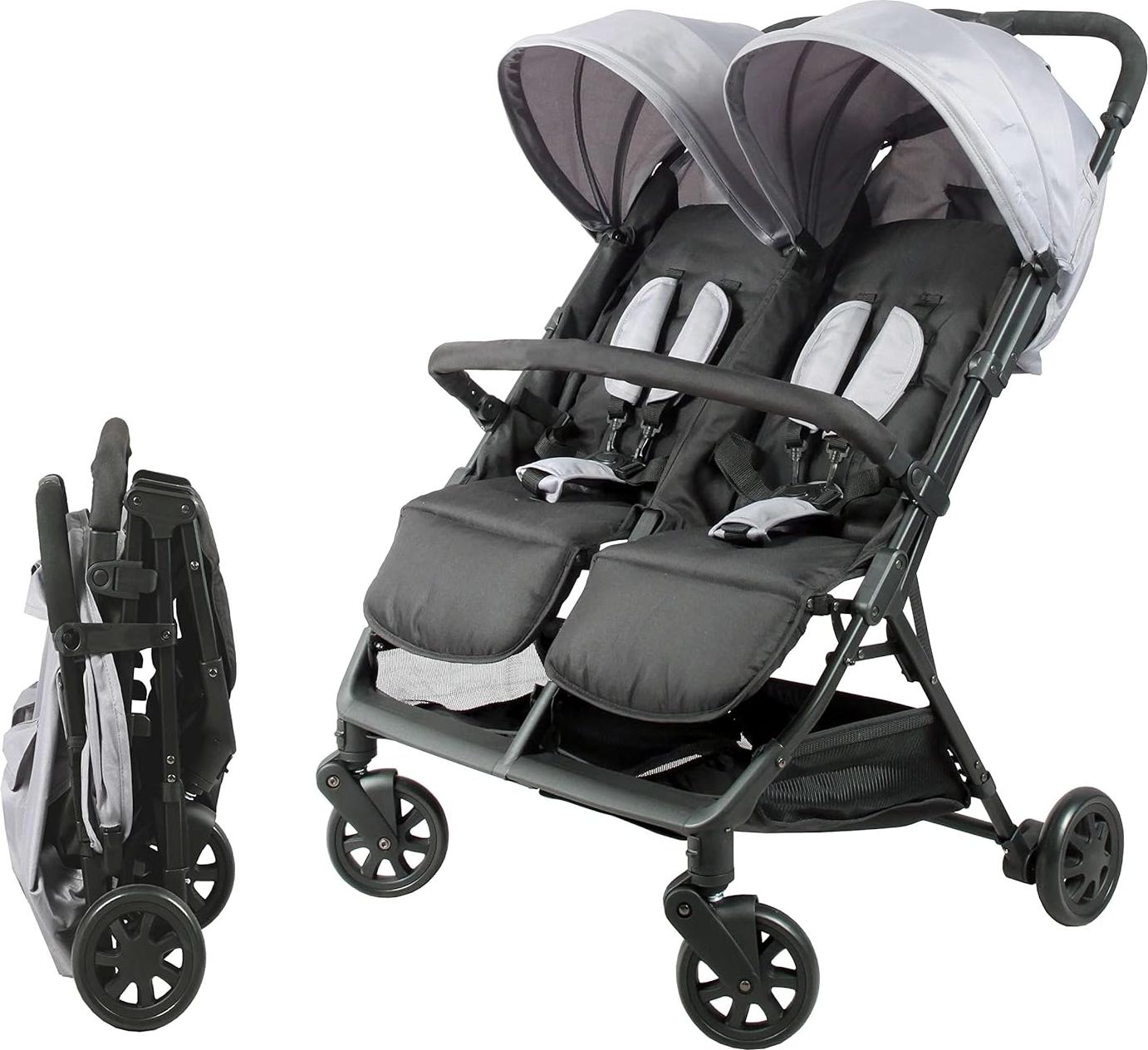 Duo Buggy - Duo Kinderwagen - Doppelte Buggy - Doppelte Kinderwagen - Zwillings Buggy - Buggy - Kinderwagen - Zusammenklappbarer Buggy - Wandelwagen - Wandelwagen Buggy - Faltbar - 5-Punkt Sicherheitsgurt - Verstellbare Fußstützen & Sitze
