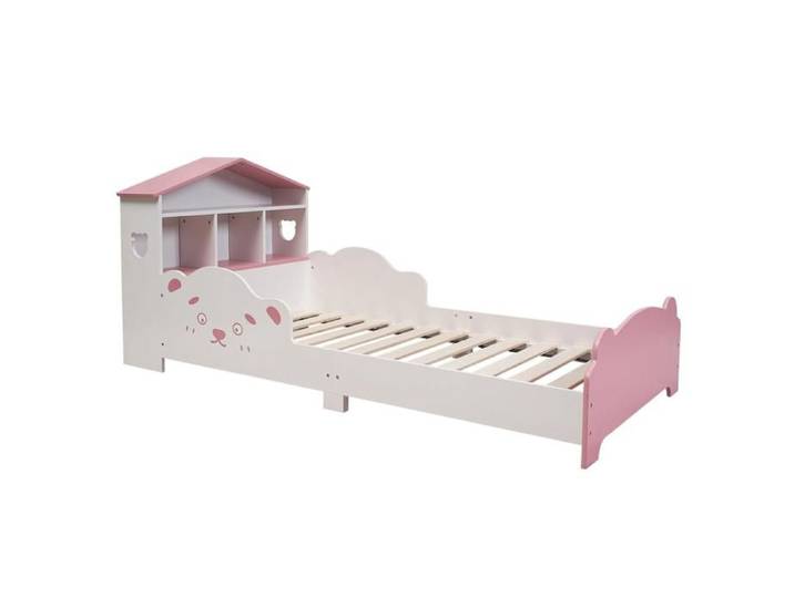 Lit enfant forme maison blanc-rose – bibliothèque + barrière sécurité + sommier – Junior 160 5×75×65 cm – Matelas 160×70 cm