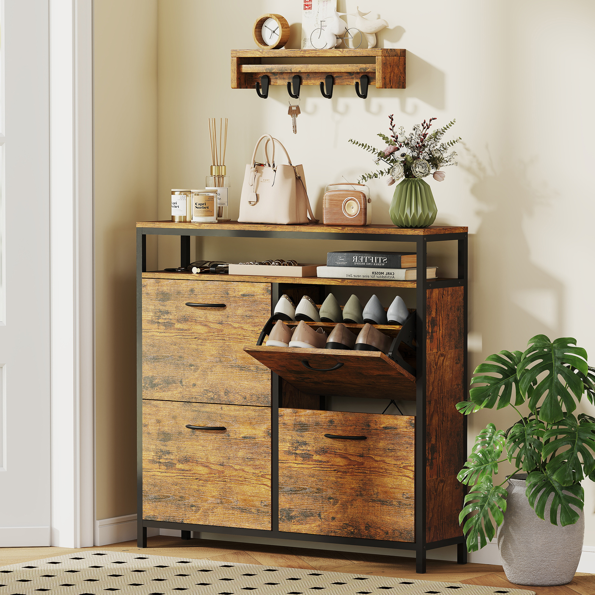 Homcom Mobile Portascarpe con 4 cassetti pieghevoli, design stretto, ripiano aperto, per 12-20 paia di scarpe, acciaio, Marrone   Aosom Italy