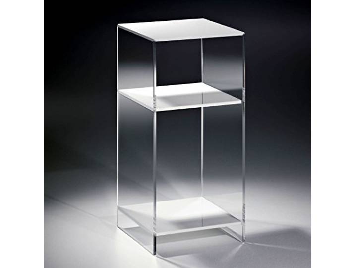 HOWE-Deko Hochwertiges Acryl-Glas Standregal, Konsole mit 2 Fächern, Regalböden weiß, Seiten klar, 33 x 33 cm, H 73 cm, Acryl-Glas-Stärke 10 mm