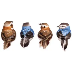 Federvögel mit Klammer, braun/blau, 4 Stück