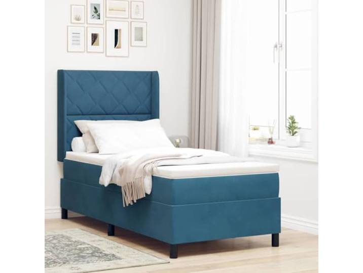 KFPOERTFGD Boxspringbett 100 x 200 cm Blau Samt mit verstellbarem Kopfteil Inklusive Taschenfederkernmatratze, Mittlerer Härtegrad, Robuster Holzrahmen