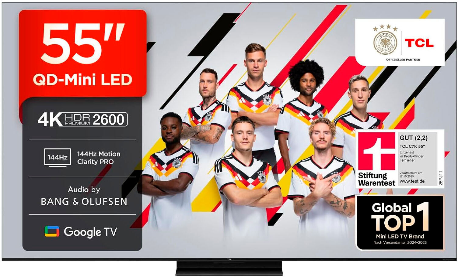 TCL LED-Fernseher "55C7K", Energieeffizienz: F, schwarz, 55 ″, Fernseher, 4K QD-Mini LED, 144Hz, HVA Panel, Dolby Atmos, Google TV, LED-Fernseher