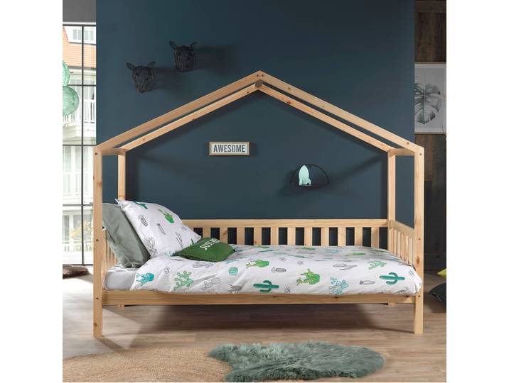 Lit cabane enfant à barreaux en bois massif naturel 90x200 - LT2021