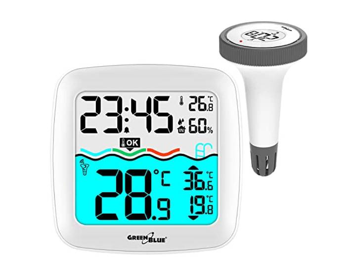 GreenBlue GB216 Station météo avec thermomètre de piscine portée 60 m capteur flottant température heure calendrier DCF