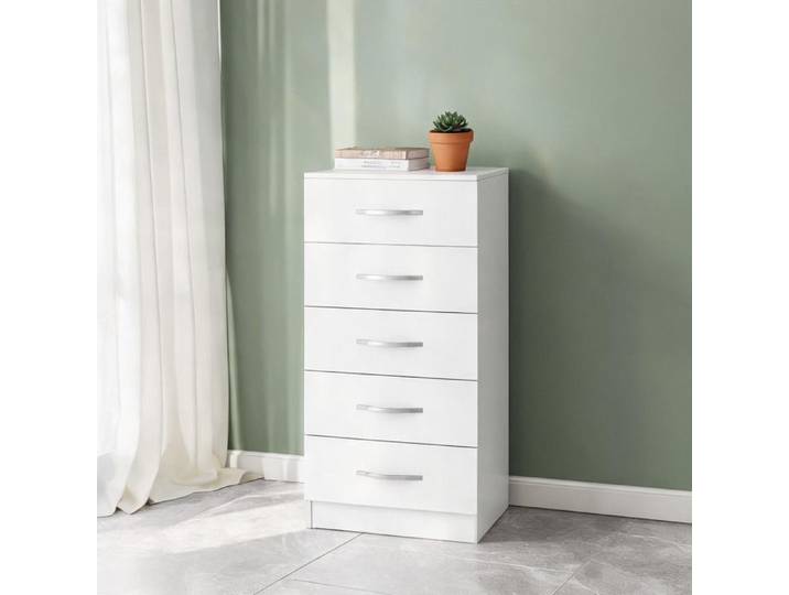 Commode 5 tiroirs 40x35x85 cm design contemporain panneaux de particules blanc