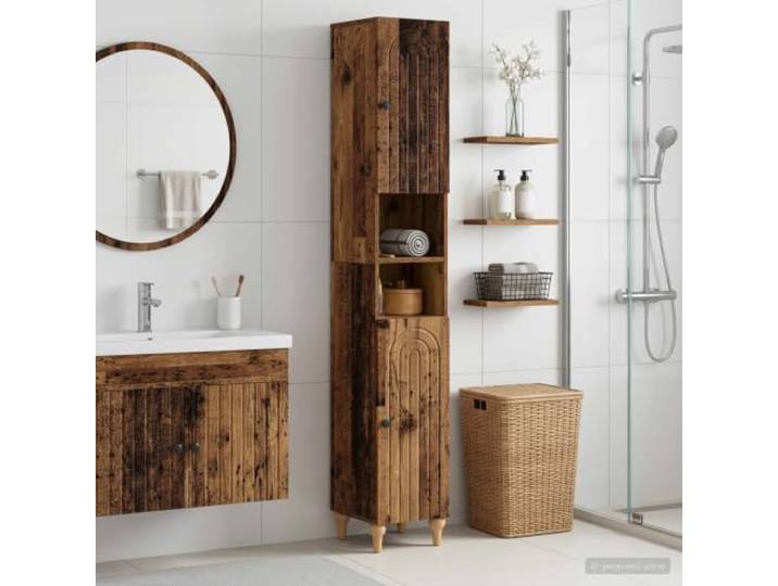 KTHLBRH Badezimmerschrank mit Offenem Regal ALKMAAR aus Altholz Robuster Holzwerkstoff, feuchtigkeitsresistent, schlankes Profil, umkehrbare Tür, einfache Reinigung