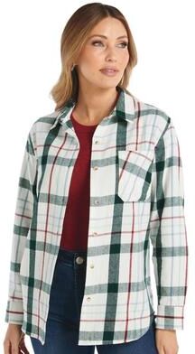 Masseys Lived-In Flannel Shirt Casual in Ivory/Green/Red Plaid, Size 1X, Cotton/Flannel