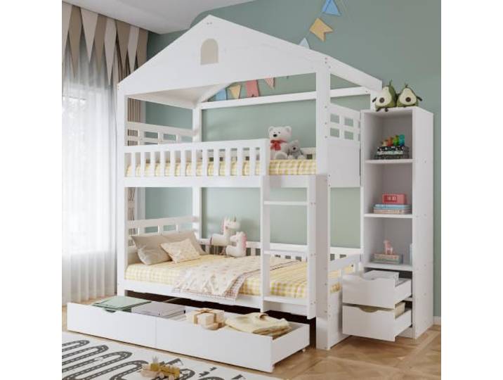 BXEYXE Etagenbett 90 x 200 cm, weißes Kinderbett in Hausform, Doppelstockbett für 2 Kinder mit Leiter, 2 großen Schubladen, seitlichem Aufbewahrungsschrank und Rausfallschutz