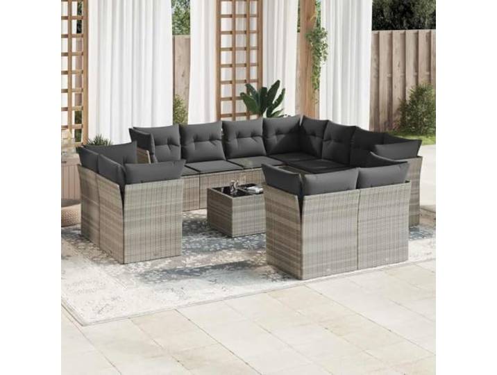 KTHLBRH Gartenmöbel-Set, 12-teilig, mit Kissen, hellgrau Robustes Polyrattan, Glastisch, modulares Design, mit wasserdichter Aufbewahrungsbox