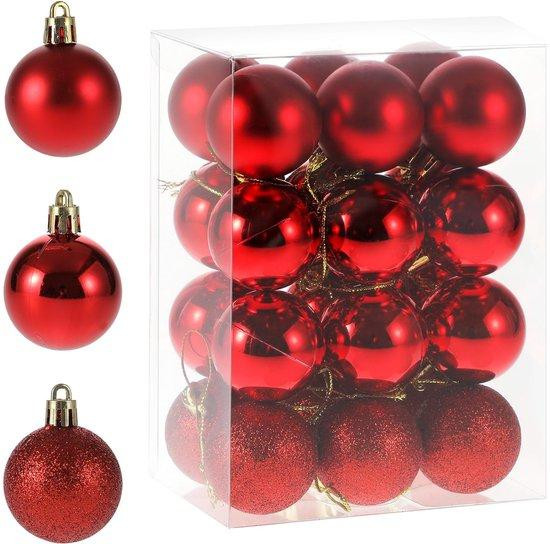 Unyqoos set van 24 rode kerstballen met 3 verschillende designs van kunststof