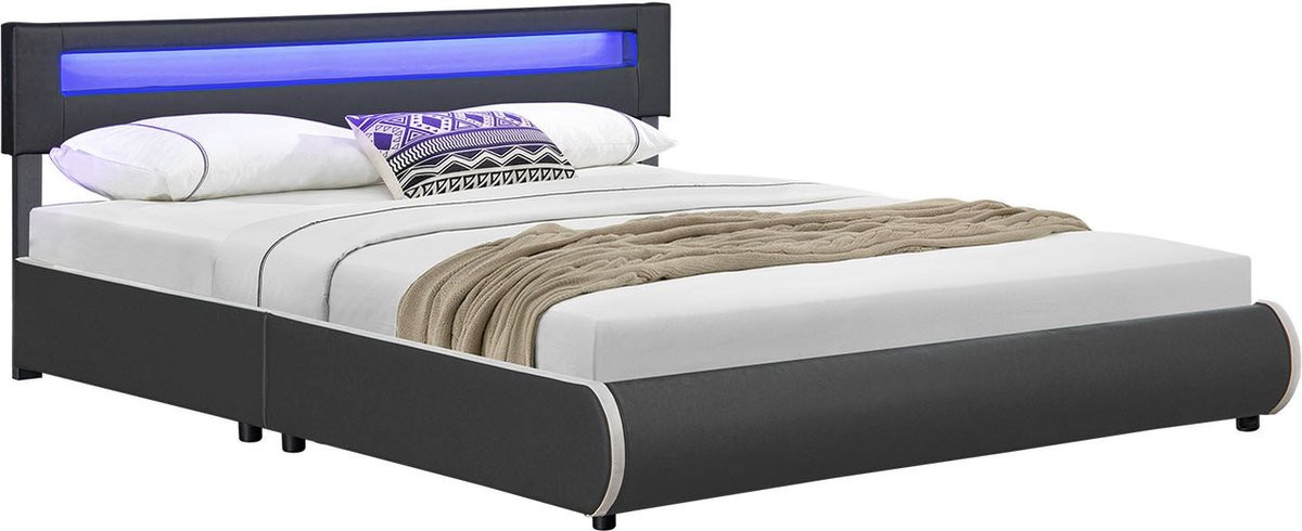 Juskys Gestoffeerd Bed Sevilla met LED-verlichting - Grijs - 180 x 200 cm