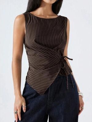 Daily Discovery Elegant Striped Sleeveless Top For Women Slim Fit Side Tie Asymmetrical Summer Tank coffee s