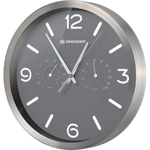 Bresser Wanduhr MyTime ND, Edelstahl, analog, Funkuhr, Ø 25 cm, silber, mit Thermometer & Hygrometer, lautlos