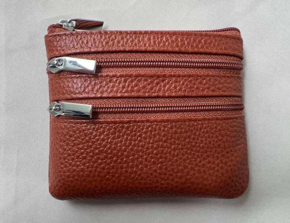 INF Porte-monnaie à double fermeture éclair en cuir véritable Marron