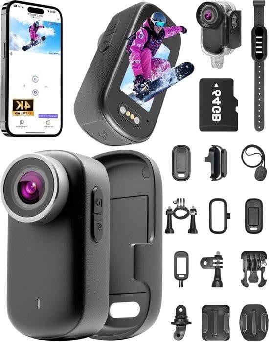 Mini Action Cam Vlogcamera Bodycam Zwart met 64 GB inclusief en waterdicht tot 30m