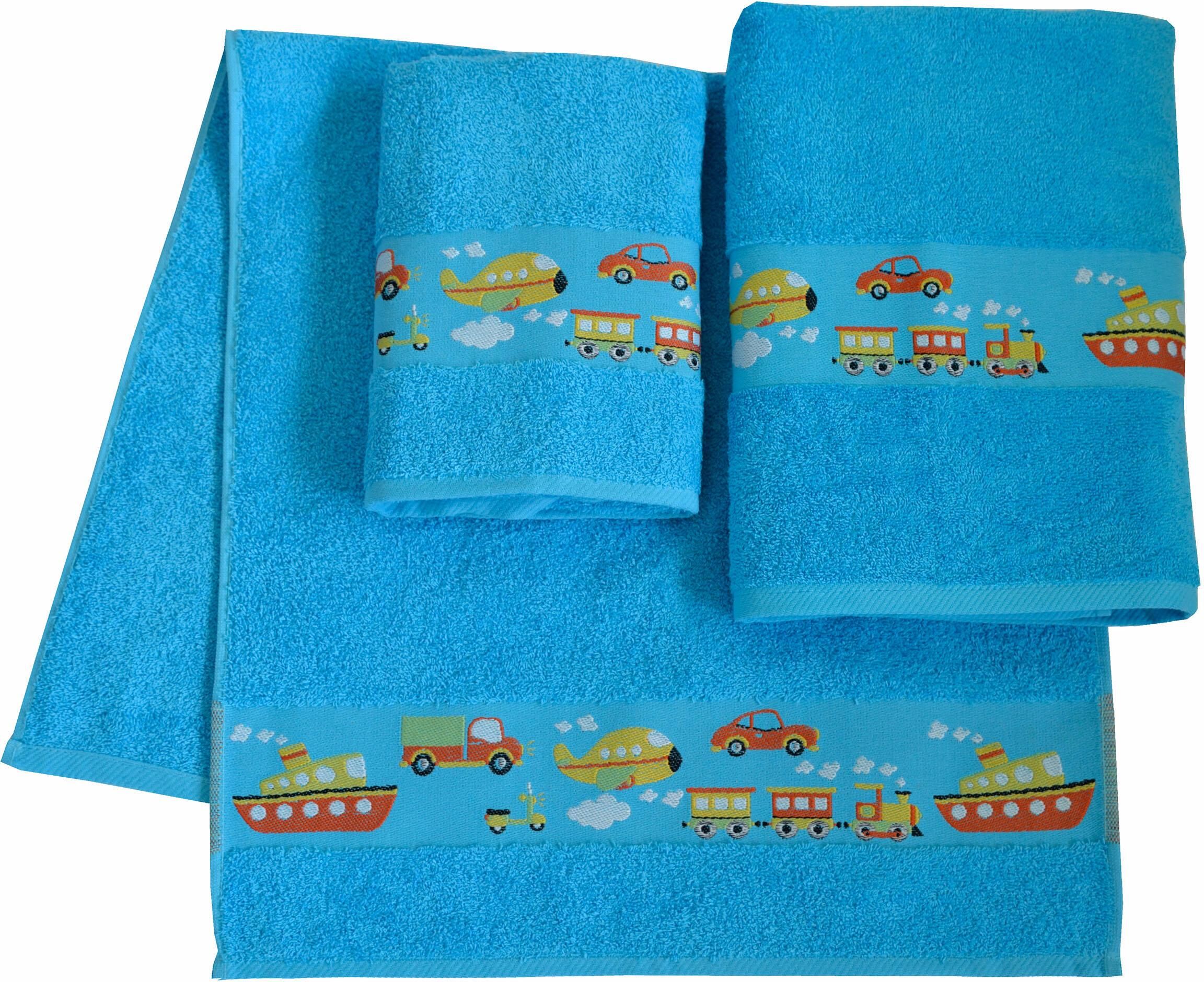 Handtuch Set DYCKHOFF "Auto", blau, 3 Stk., Walkfrottee, Walkfrottee, Obermaterial: 100% Baumwolle, Handtuch-Sets, Handtuch Set, Auto Motiven; 2 Handtücher (50x100cm), 1 Duschtuch (70x140cm) blau 3 Stk., Walkfrottee