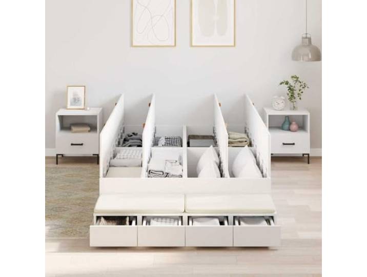 YUTAASU Storage Bettgestell Weiß 120 cm Holzwerkstoff Kiefernholz, Türen und Schubladen, Ledergriffe, ohne Boxspring, feucht abwischbar