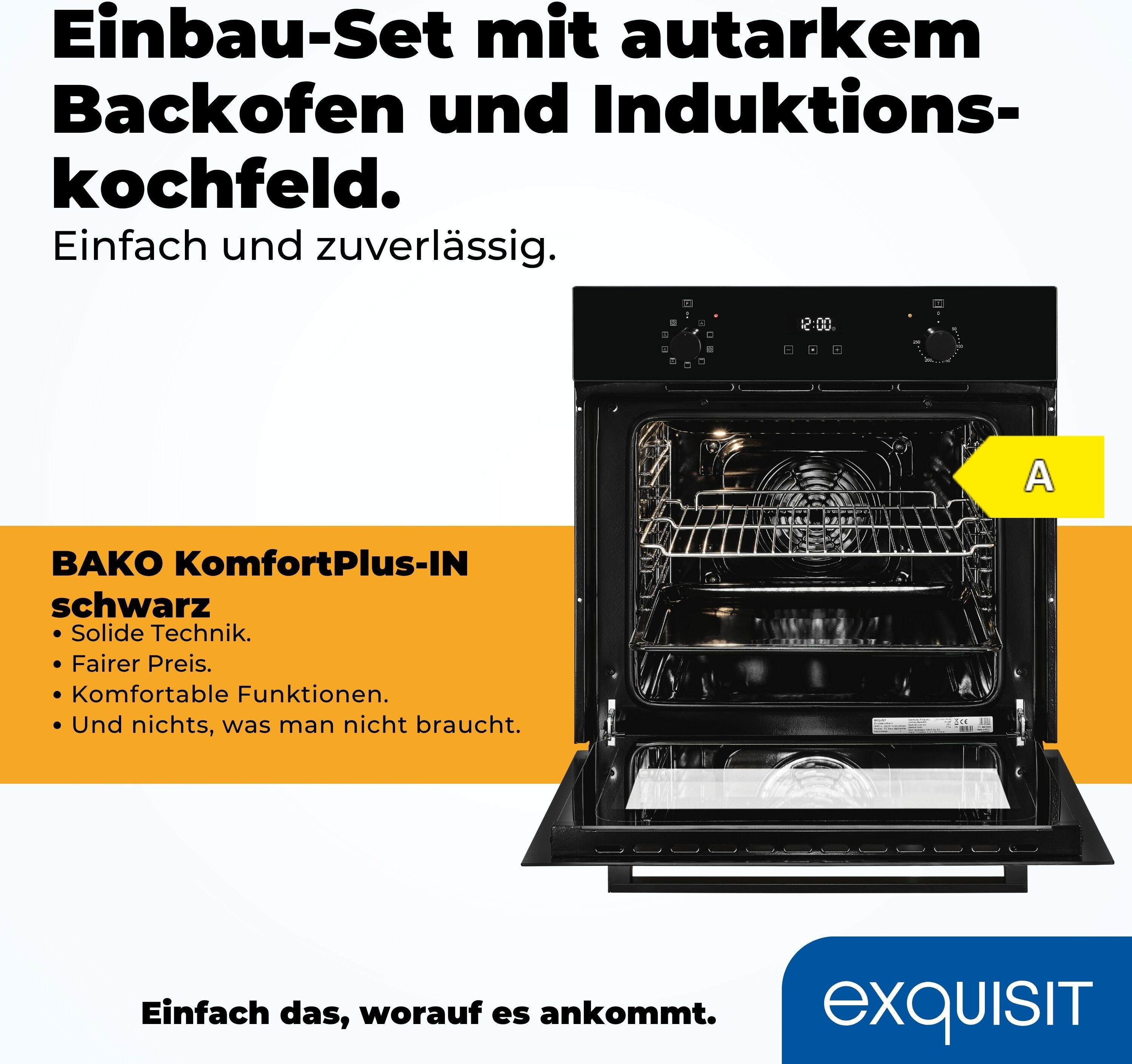 EXQUISIT Backofen-Set "BAKO KomfortPlus-In schwarz", Energieeffizienz: A, schwarz, Herdsets, Schokolade schmelzen o. Pommes frittieren - mühelos mit Induktionsfeld, Backofen-Set