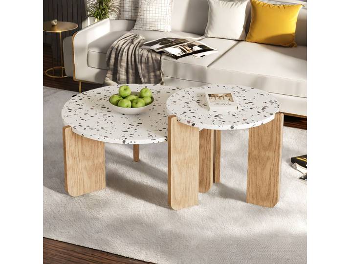 Rosahqnda Table basse-2 pièces, table basse ronde moderne empilable-salon-table d'appoint canapé et balcon-blanc