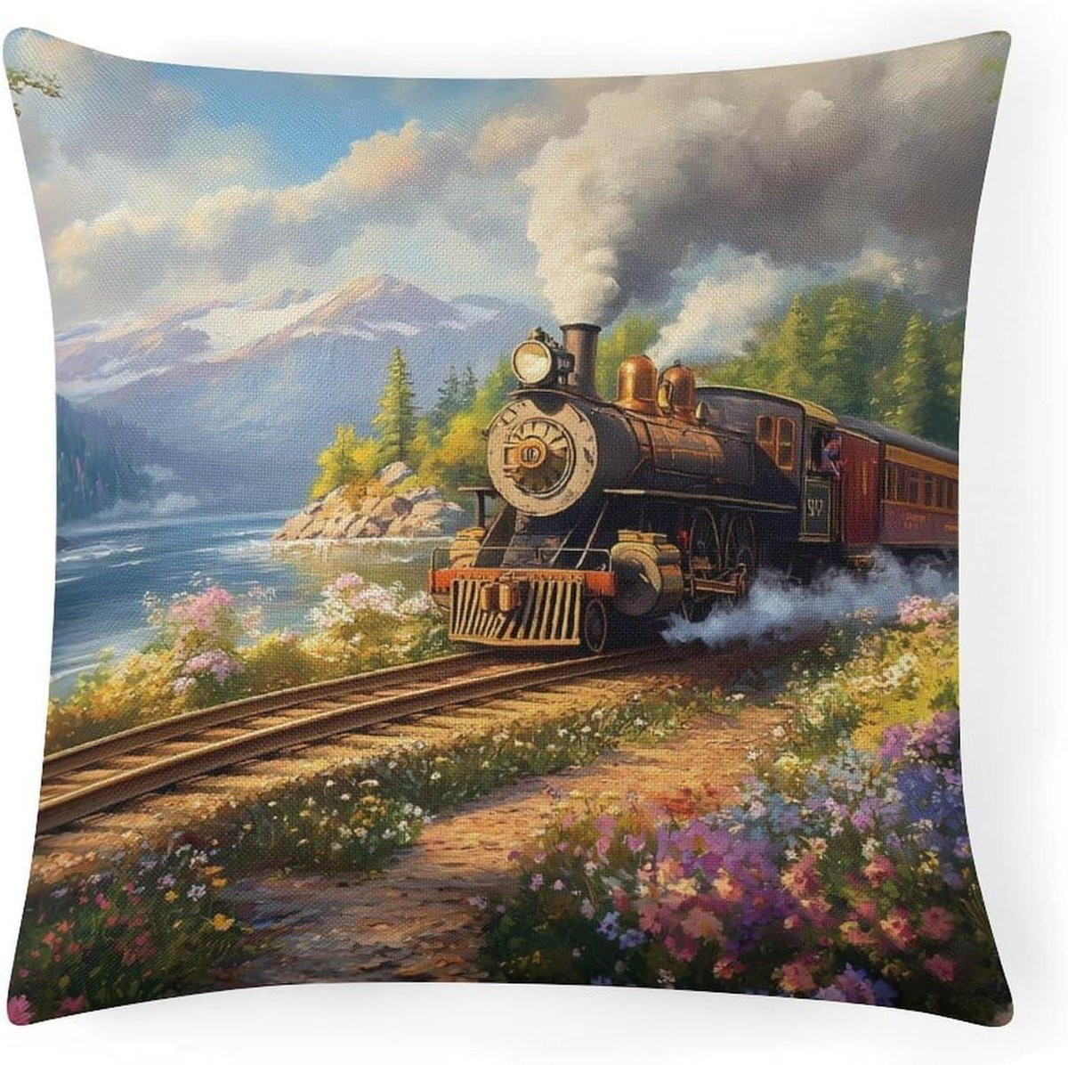 Sierkussenhoes Katoen Linnen met Vintage Stoomtrein Print - 50 x 50 cm