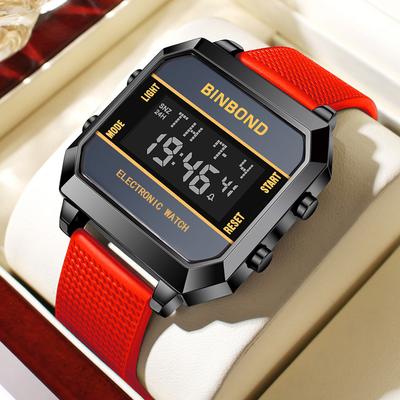 GlowBake Multifunctional Mens Watch Business Sports, Fashion Electronic Wristwatch, Waterproof Silicone Strap Alarm Clock red