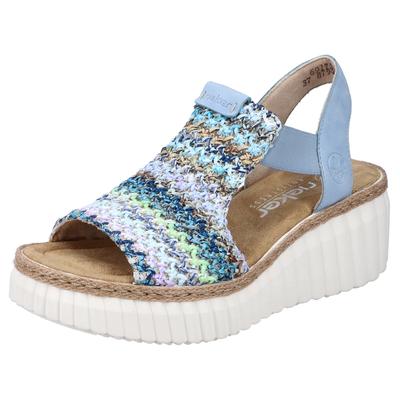 Plateausandaletten RIEKER, Damen, Gr. 42, Textil, blau (hellblau kombiniert), Lederimitat, Flechtoptik, Schuhe, Sommerschuh, Sandale, Plateauabsatz, mit Gummizug