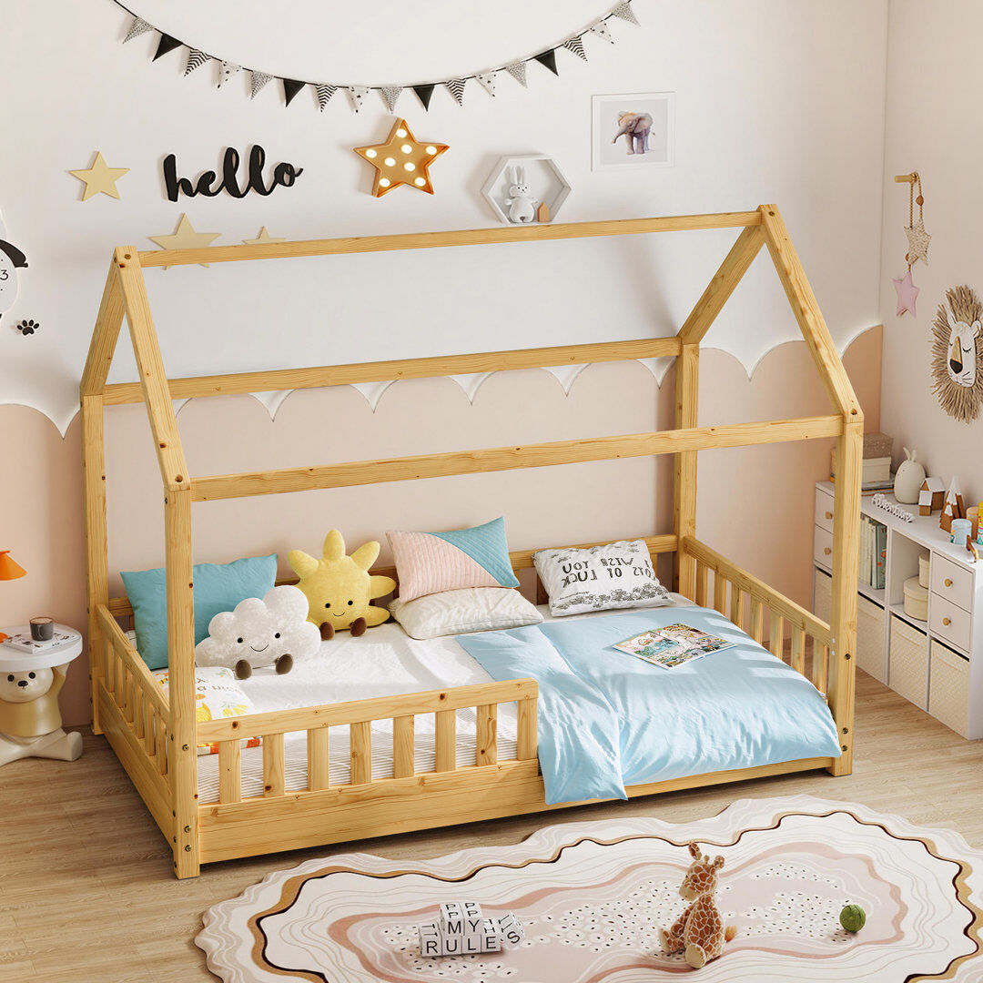 Ebern Designs Solid Wood House Bed with Guardrails, Montessori Floor Bed for Kids, Low Profile Toddler Bed Frame with Slats Natural Wood