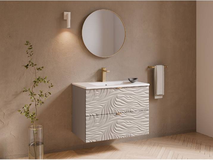 Waschbeckenunterschrank hängend strukturiert mit Einbauwaschbecken und Armatur - Beige - 80 cm - RINAREL