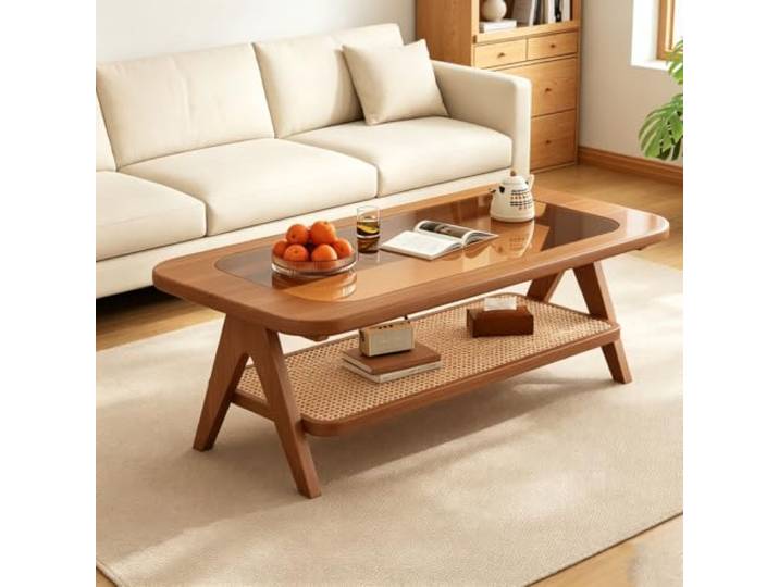 Luxushandgefertigter Couchtisch Massivholz Rattan, Aufbewahrung Couchtisch aus dickem Gummiholz, stabiler Zapfenverbindung, fleckenfest(Walnut,39.4x23.6x16.9in)