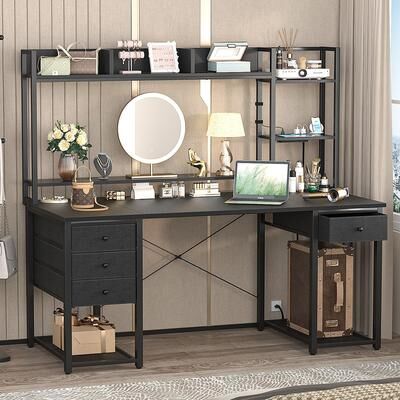 Rackcog Gaming Desk with Hutch and Drawers, Office Computer Desk with Charge Station and LED Light