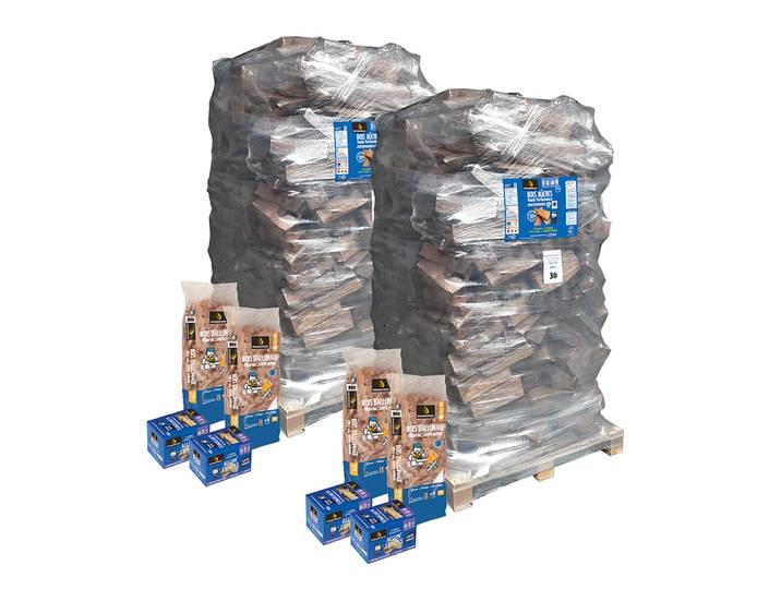 Lot de 2 packs WOODSTOCK Bois bûche 30cm ballot 2000 dm3 + 4 sacs bois d'allumage + 4 boîtes d'allum'express
