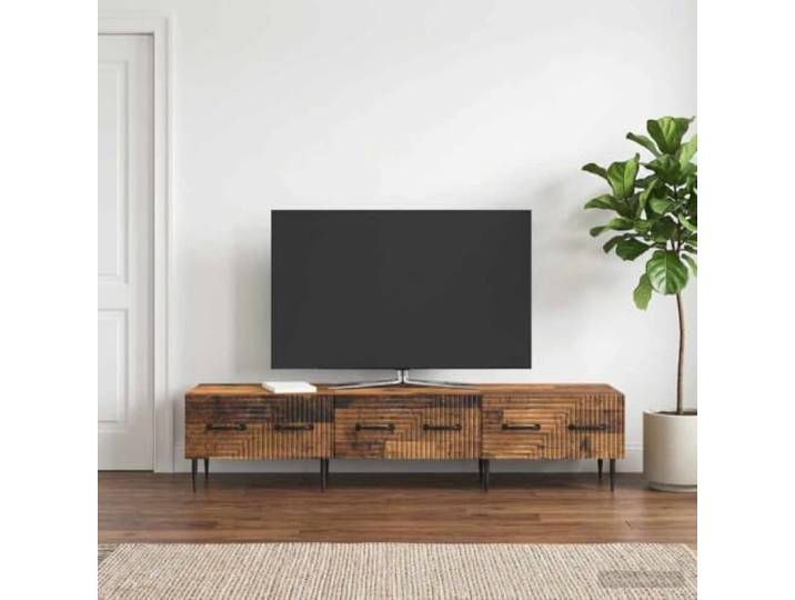 TV-Schrank Altholz 147 x 34,5 x 30 cm Holzwerkstoff mit 2 Schubladen Vintage-Design, 2 Schubladen, flache Bauweise, schwarze Griffe, pflegeleichte Oberfläche