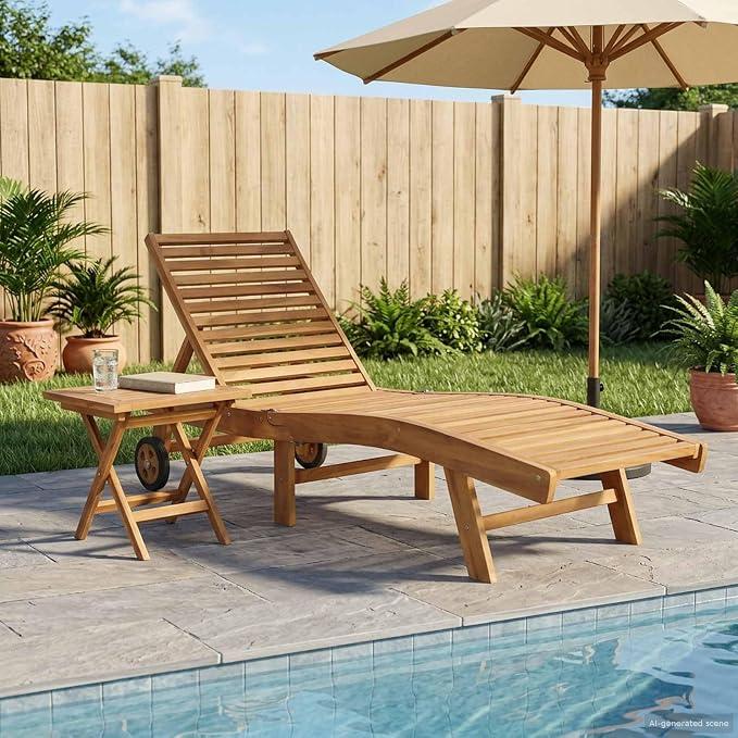 Sonnenliege Gartenliege Sonnenliege Teak Massivholz mit Verstellbarer Rückenlehne, 2er Set Braun, Klapptisch, wetterfest für Balkon Terrasse Pool Outdoor Relax