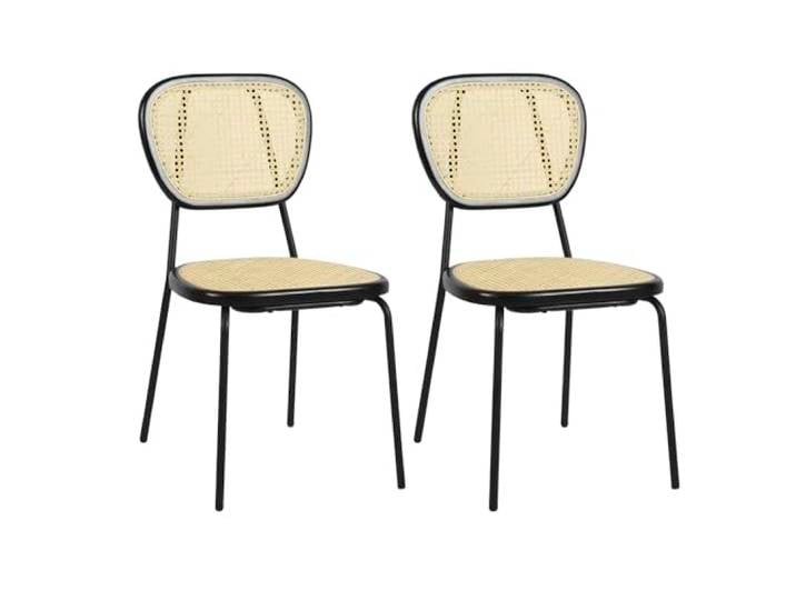 39F FURNITURE DREAM Set mit 2 skandinavischen Esszimmerstühlen aus natürlichem Rattan, Gestell aus schwarzem Metall, Faul, Natur, 45x51x84cm