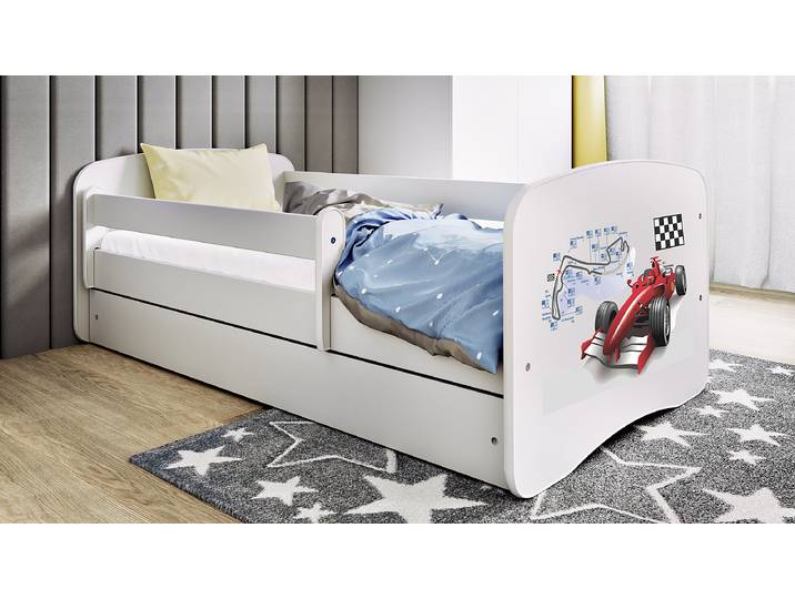 Kinderbett Rennauto 80 x 160cm mit Lattenrost Weiß