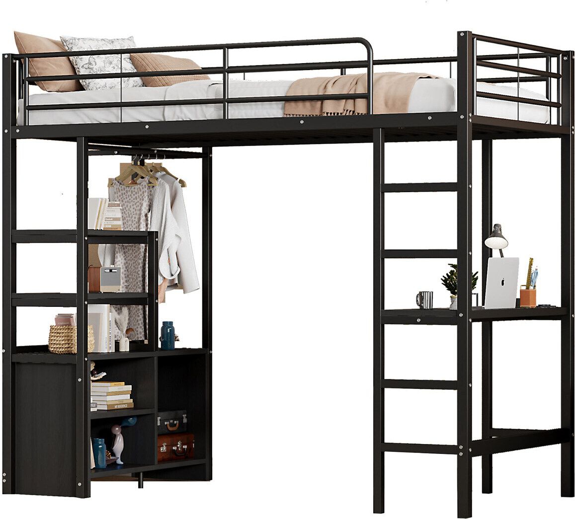 Hochbett(Schwarz)Kinderbett mit Schreibtisch, Mit Steckdose und USB, Mehrere Regale, Offener Lagerschrank, Geländer, Leiter, Eisenrahmen