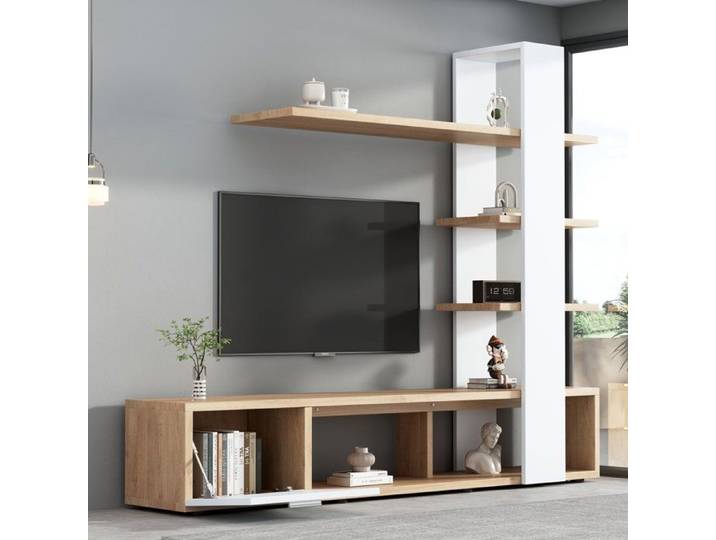 Maisentiel Ensemble meuble TV mural 180 x 33 5 x 151 5 cm blanc et décor bois pour TV jusqu'à 60 pouces