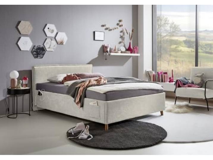 Meise Möbel Kinderbett Fun 120x200 cm Bettgestell Kopfteil glatt Webstoff Beige Holzfuß eichefarbig