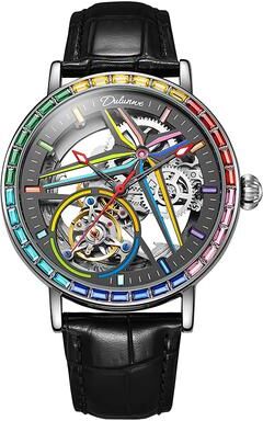 Fashion Sheath Rainbow Colored Gemstone Tourbillon Skeleton Automatic Mechanical Watch For Men leather Black