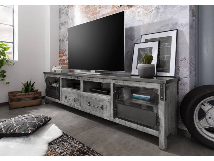 Meuble TV 220x40 Manguier laqué Gris HEAVY INDUSTRY #135