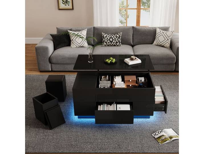 Table basse 4-en-1 noire 2 tiroirs LED 100x50x45 cm